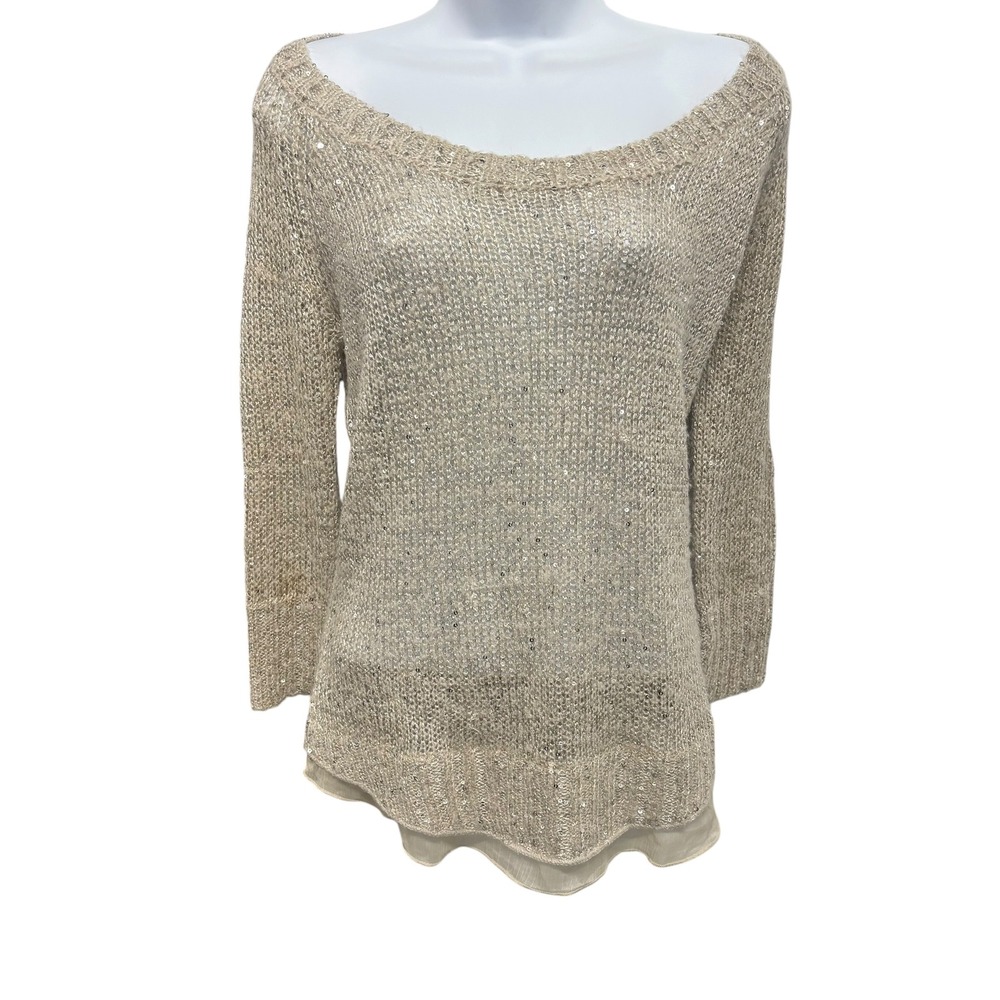 Press Champagne Sequin Open Knit Sweater Chiffon Hem Scoop Neck Small